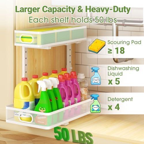 Under Sink Organizer 4-Pack, Metal 2-Tier Pull-Out Cabinet Shelf with Slide-Out Mesh Drawers, Height Adjustable, Space-Saving Storage Racks for Kitchen, Bathroom, Laundry Room, White - Image 5