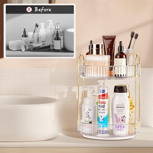 360 Rotating Makeup Organizer - Large Capacity Spinning Perfume & Cosmetic Skincare Holder for Countertop (Pearl White, 2 Tier) - Image 2