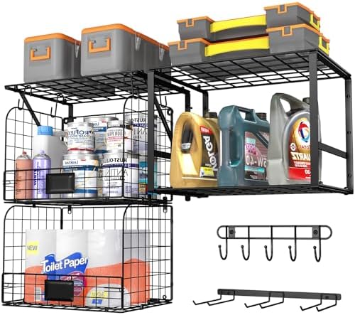 ThreeHio Garage Shelf Wall Mounted with Wire Baskets, Heavy Duty Garage Wall Shelving with Garden Tool Rack and Hooks, Wire Shelf Baskets Tool Organizer for Home Garden Yard Organization and Storage by ThreeHio