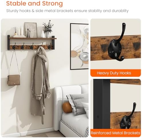 Homode Coat Rack with Wall Mount, 24 Inch Long Entryway Wall Shelf with Hooks, Wood Hanger with Storage Shelf for Bathroom, Hallway, Rustic Brown Black - Image 4