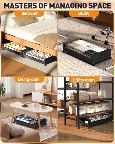 Under Bed Storage With Wheels, 2 Pack Square Containers, 60L Bins, Rolling Metal Drawer for Clothes, Blankets, Shoes - Image 5