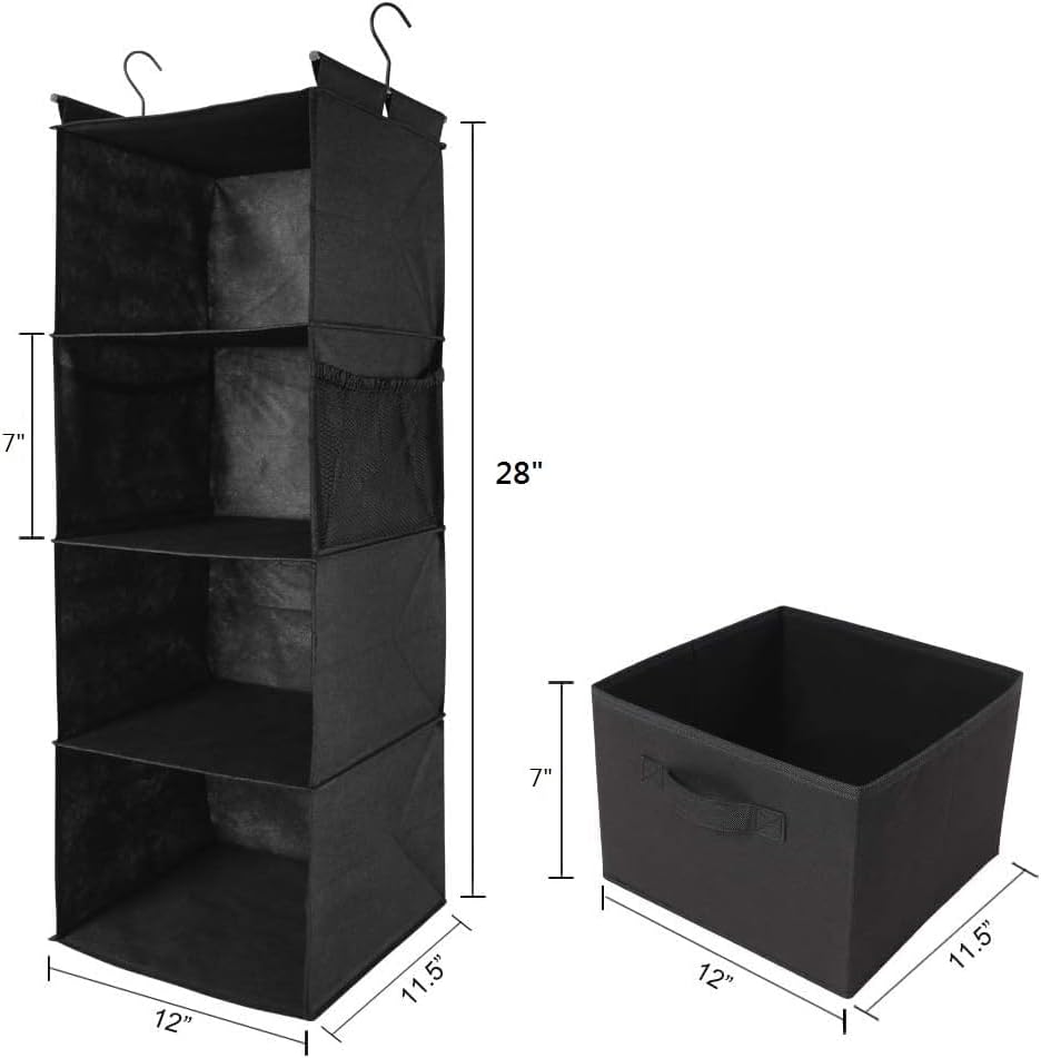 MAX Houser 4-Shelf Hanging Closet Organizer, Space Saver, Cloth Hanging Shelves with 2 Side Pockets, Foldable (Black) | Foldable Fabric Hanging Shelves for Closet, Cloth Hanging Shelves with 2 sturdy hanging hooks, Small Space Saver - Image 2