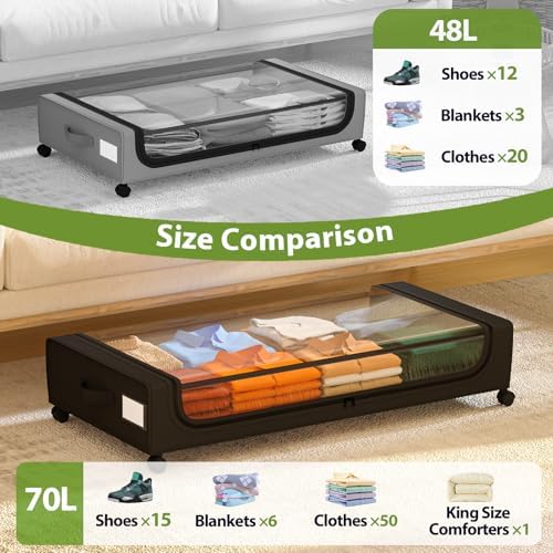 GoMaihe Under Bed Storage with Wheels 70L Black 2-Pack | Rolling Rangement Vetement sous le Lit - Containers for Clothes Shoes in Bedroom - Easy Pull-out - Image 4
