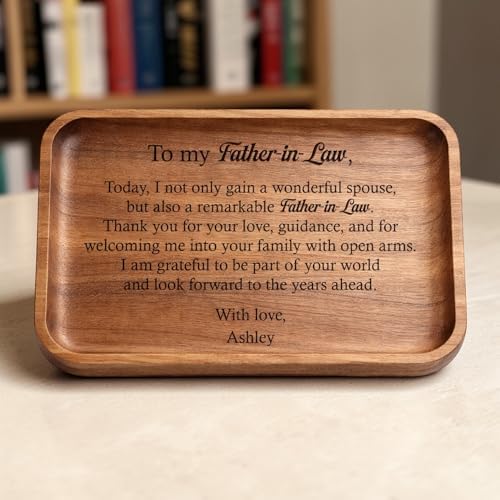 Personalized Father-in-Law Wooden Valet Tray, Custom Engraved Wood Catchall Organizer for Keys, Watch, Wallet, Ring, Jewelry, Wedding Birthday Gift for Father in Law from Daughter in Law - Image 3