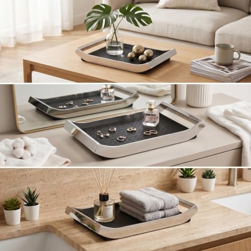 YIJU Synthetic Material Tray Rectangular Tray Catchall Tray Organizer with Raised Sides and Leather Textured Inset Suitable for Bedroom Vanity Coffee Table Office Desk, Black, Large - Image 2