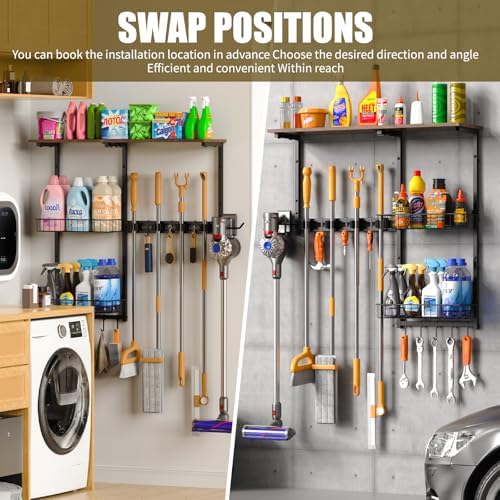 Broom Holder Wall Mount，With A Storage Basket Cleaning Tool Storage Rack - Image 4