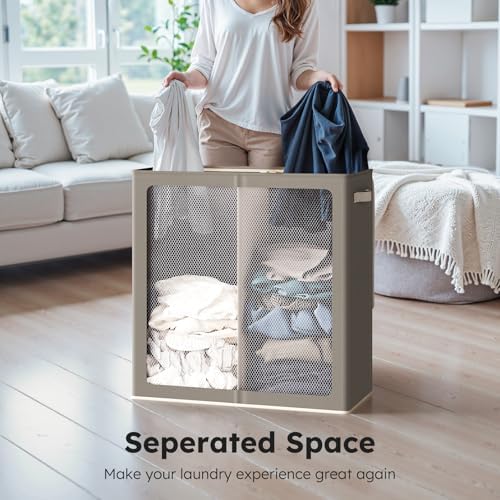 SOLEDI Large Double Laundry Hamper with Lid, Collapsible Clothes Hamper 2 section with Removable Bags, Space-Saving Laundry Basket for Bedroom, Dorm, College - Image 3