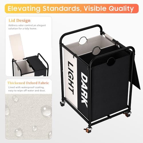 120L Laundry Sorter 2 Section, Rolling Laundry Basket with Wheels ＆ Lid - Image 3