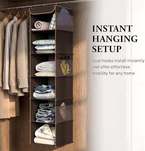 Simple Houseware 6 Shelf Hanging Closet Organizer, Brown | 360° Rotating Dual Hooks, Top Support Metal Frame, 6 Side Mesh Pockets - Image 5