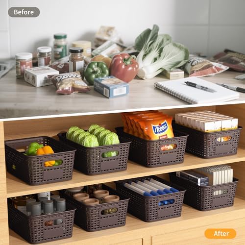 8 Pack Plastic Storage Baskets,Brown Stackable Storage Bins - Image 4