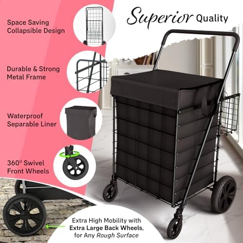 Our Modern Space Shopping Cart w/Waterproof Basket Liner & Large 360° Swivel Wheels | Foldable Collapsible & Lightweight | Perfect for Groceries Laundry Utility Cart - Black - Image 3
