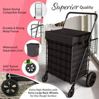 Our Modern Space Shopping Cart w/Waterproof Basket Liner & Large 360° Swivel Wheels | Foldable Collapsible & Lightweight | Perfect for Groceries Laundry Utility Cart - Black - Image 3