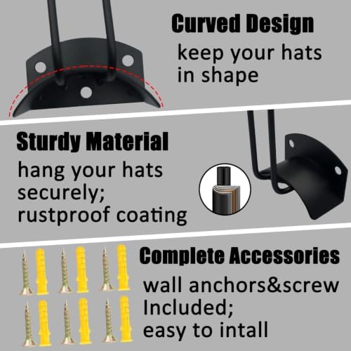 Hat Rack for Wall, 2 Pack Black Baseball Cap Organizer with Extra-Long 4.9in Hooks, Space Saving Ball Cap Storage for Closet Door, Bedroom, Entryway - Image 3