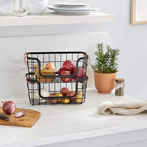 Amazon Basics Stackable Metal Wire Rectangular Storage Baskets for Kitchen, Bathroom or Pantry Organizing, 2 Count, Black - Image 2