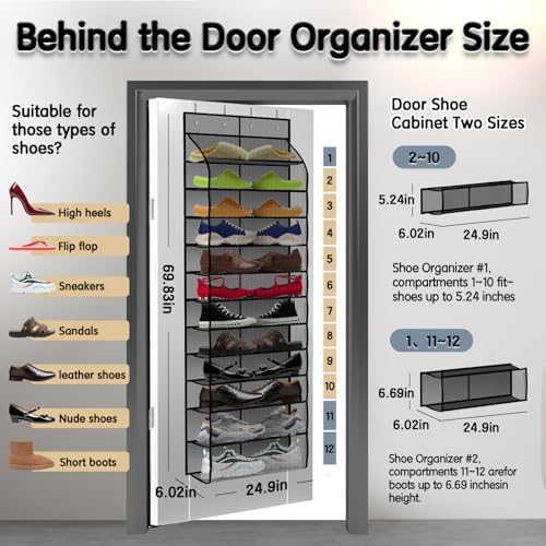 Kotkn Over The Door Shoe Organizer with 12 Large Breathable Pockets - Durable Hanging Storage for the Entire Family's Shoes (Gray) - Image 2