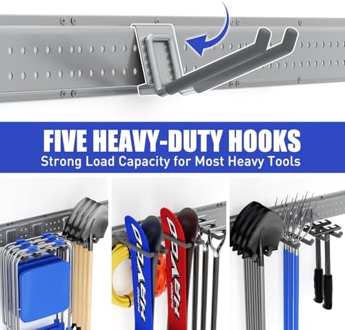 Garage Tool Organizer Wall Mount 66 inches with 13 Adjustable Heavy-Duty Hooks, Garage Organization, Garden Tool Storage Rack, Yard, and Shed, Holds Up to 520 lbs (Grey) - Image 5