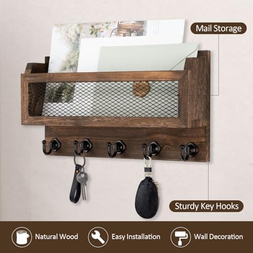 Nekon Mail and Key Holder for Wall Decorative, 11 Inch Mail Holder, Brown - Image 3
