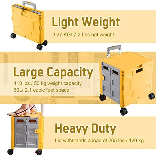 FELICON Folding Utility Cart Rolling Crate Handcart Basket Tote-Yellow+Gray - Image 6