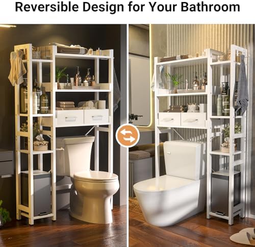 Besiost Over The Toilet Storage, 7 Tier Bathroom Organizer with Reversible Side Shelf and 2 Fabric Drawers, Adjustable Freestanding Rack Space Saver for Small Spaces, White - Image 5