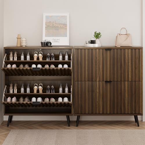 Smuxee Shoe Cabinet with 2 Flip Drawers, 31.5" Walnut Hidden Shoe Storage Cabinet with Fluted Design, Freestanding Shoe Organizer Cabinet for Entryway, Hallway, Closet, Living Room - Image 3