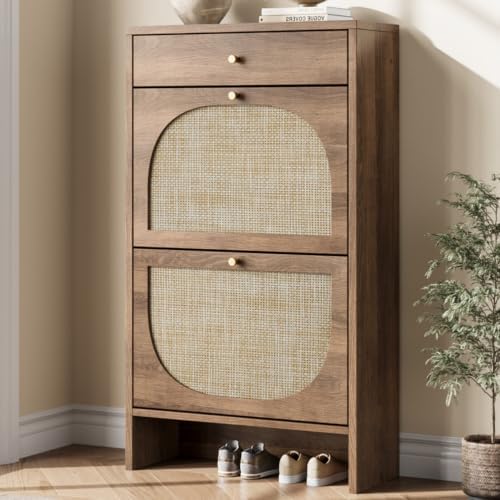 Nicetree Shoe Cabinet for Entryway, Slim Shoe Rack with 2 Flip Drawers and Top Storage Drawer, Narrow Shoe Organizer with Printed Rattan-Look Design, Entryway Shoe Storage for Size 12+ Shoes, Caramel by Nicetree