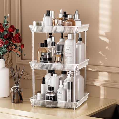 3 Tier Lazy Susan Bathroom Countertop Organizer, 360° Clear Rotating Square Storage Tray, Cosmetics and Perfume Organizer, Spinning Storage Tray Vanity Organizer Shelf for Bathroom Cabinet, Kitchen - Image 2