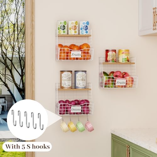 3 Pack Hanging Fruit Basket for Kitchen with Wood Lid - Onion and Potato Storage Fruit Bowl with Nameplate for Counter&Wall Mounted, Stackable Storage Basket,11.81 * 8.66 * 10.63inch - Image 5