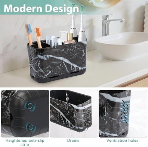 Boperzi Black Toothbrush Holder for Bathroom Toothpaste Organizer Countertop, Detachable Anti-Slip Marble Toothpaste Storage Caddy 6 Slots with Drainage Holes for Makeup Brush Razor Stand - Image 3