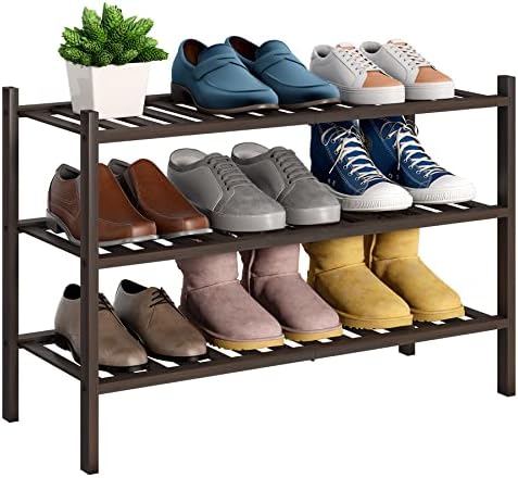 BMOSU 3-Tier Bamboo Shoe Rack Premium Stackable Shoe Shelf Storage Organizer for Hallway Closet Living Room Entryway Organizer (Brown Bamboo) by BMOSU