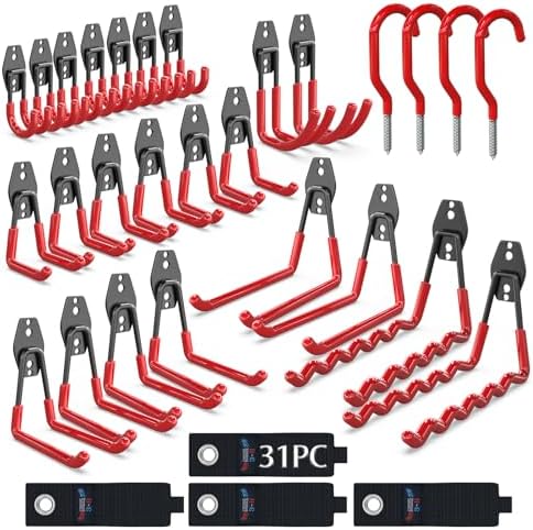3-H Heavy Duty Garage Hooks, 31 Pack Wall Storage Organizer,Red by 3-H