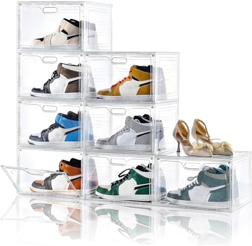 Amllas 8 Pack Shoe Boxes Clear Plastic Stackable, Large Shoe Storage Organizer with Lids,Drop Side Shoe Containers for Entryway,Sneaker Storage Fit up to US Size 13 (13’’x 10.6”x 8.3”) by Amllas