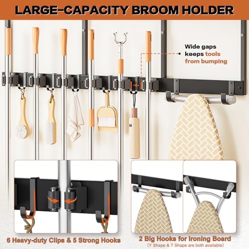 Broom Holder Wall Mount with Cleaning Supplies Organizer, Laundry Room Organization and Storage Shelves with Ironing Board Holder, Mop Hanger Broom Rack with Hooks, Home Improvement Garage Organizer - Image 3
