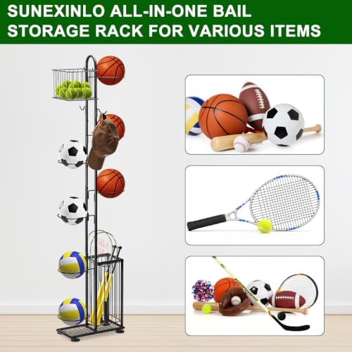 Sunexinlo 7 Tier Basketball Ball Storage Rack, Freestanding Basketball Holder Garage Ball Storage Sport Organizer Rack with Basket for Volleyball Football Basketball, Indoor/Outdoor - Image 3