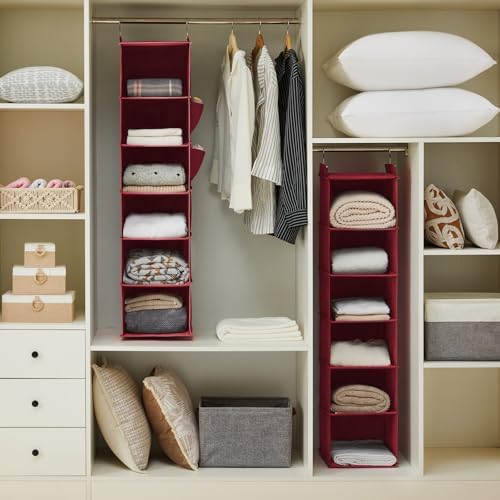 YOUDENOVA Hanging Closet Organizer and Storage, 6-Shelf, Dark Red | Breathable Fabric, Clothes Organizer with 2 Side Pockets, Hanging Shelves for Closet Storage, Dorm Room Essentials for Guys - Image 2