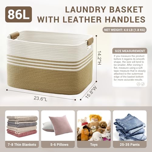 86L Large Woven Laundry Basket Hamper with Leather Handles,Khaki - Image 2