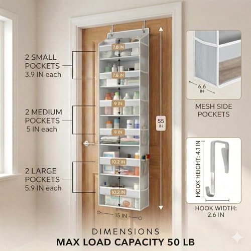 HOMELUX THEORY Over the Door Organizer, 6-Tier, 100D Fabric, Light Gray 2pc | Over the door shoe organizer, 50 lbs capacity, 12 side mesh pockets, 100D extra thick fabric, Closet & entryway storage - Image 2