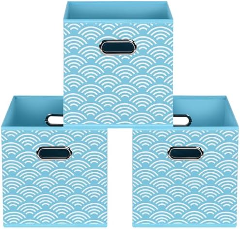 Fabric storage bins Cubes, Fabric Cube Organizer with Handle, Foldable Cube Bins for Cloth or Accessary Storage, 11x11x11, Set of 3, (Blue clouds) by Yunkeeper