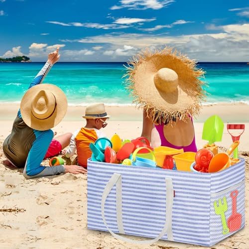 LHZK Standing Extra Large Utility Tote Bag with Metal Wire Frame and the Sides Rinforced, Extra Large Tote Bag with Handle, Reusable Grocery Bags Foldable, Beach Bag, Car Tote (Blue, 26''x15''x13'') - Image 6