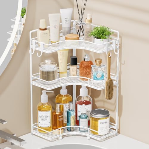 VITVITI 3 Tier Corner Bathroom Counter Organizer, Bathroom Countertop Organizer Storage for Sink, Metal Mesh Makeup Organizer for Vanity Countertop Kitchen with Hooks, White by VITVITI