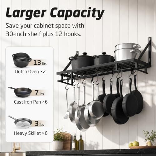 KES 30-Inch Kitchen Pan Pot Rack Wall Mounted, Hanging Storage Organizer - Image 2