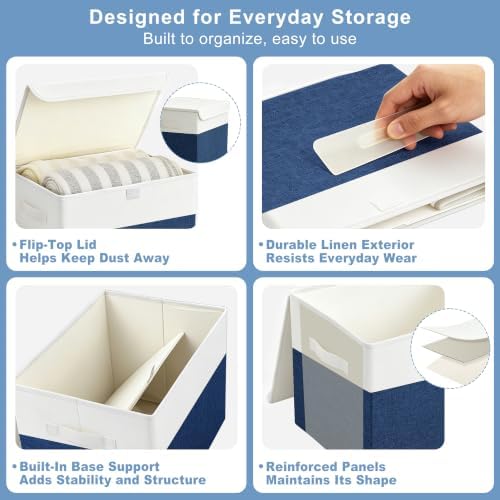 Large 17" 42 Quarts Collapsible Stackable Storage Bins with Lids [3-Pack] Foldable Fabric Linen Storage Boxes Cube, Closet Organizer Baskets with Label for Home (16.7 x 12 x 12", Navy Blue & White) - Image 6
