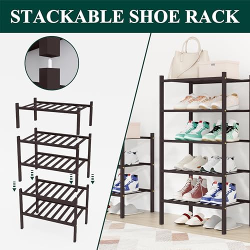 Smiry Bamboo Shoe Rack, 8 Vertical Slats, 2 Tier - 17.3" Wide, Brown - Image 4