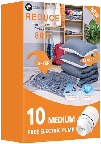 GONGSHI Vacuum Storage Bags with Electric Pump, 10-Pack, Medium | Ideal for Clothing, Blankets, Bedding and Seasonal Items; Great for Closet Organization, Home Storage and Travel Packing by GONGSHI