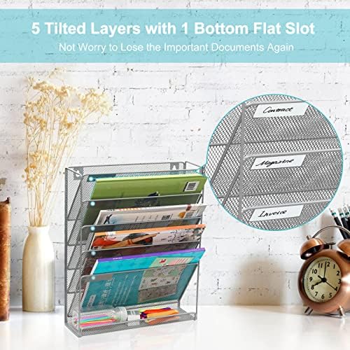 EasyPAG 5 Tier Wall File Holder, Mesh Hanging Folder Organizer with Classify Label, Versatile Desk File Holder, Vertical Wall Mounted Mail Organizer for Office Home Cubicle, Silver - Image 5