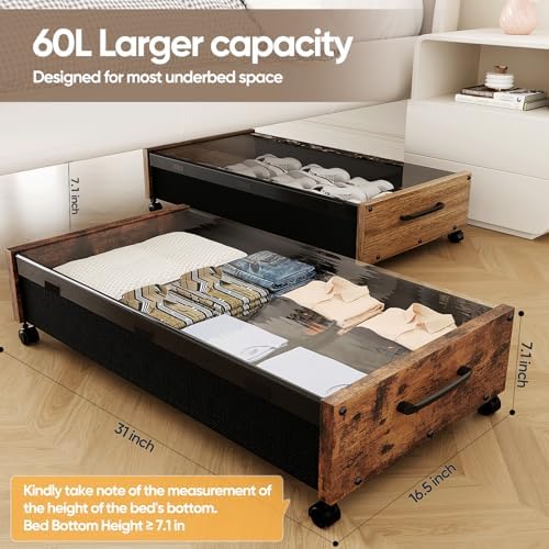 KITHELP Wooden Under Bed Storage with Wheels, Rolling Under the Bed Storage Bins with Removable Lid, Metal Under Bed Drawers for Clothes and Shoes in Bedroom or Living Room(Black Wood-2pack) - Image 2