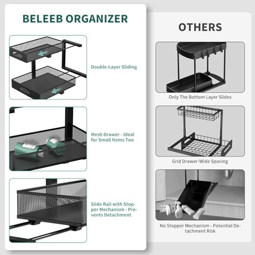 Under Sink Organizer, Extra-Wide Upgrade, 1-Pack of 2-Tier Metal Slide Out Cabinet Organizer, Height Adjustable Organization and Storage Series, Bathroom/Cabinet/Kitchen organization, Black - Image 5