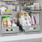 Under Sink Organizer Upgrade To Professional Rails,2-Tier Dual Pull Out Cabinet Storage,Height Adjustable Slide Out Drawers For Bathroom Kitchen,2 Pack-16.7"Dx12.8"-16.9"H,Gun Gray by UnderSinkOrganizer