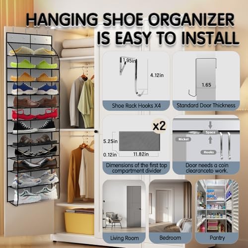Kotkn Over The Door Shoe Organizer with 12 Large Breathable Pockets - Durable Hanging Storage for the Entire Family's Shoes (Gray) - Image 4