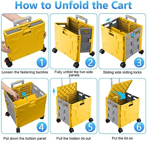 Foldable Shopping Utility Cart Portable Rolling Crate Handcart with 360°Rotate Wheel,Hidden Lid,Telescoping Handle Collapsible for Travel Shopping Moving Storage Office Use(Yellow/Gray) - Image 5
