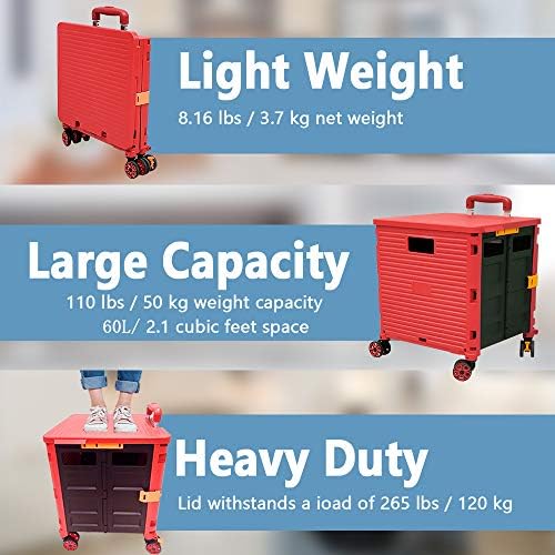 FELICON SELORSS Foldable Utility Cart Folding Portable Rolling Crate-Red - Image 3